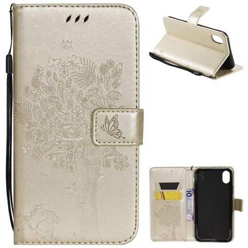 Embossing Butterfly Tree Leather Wallet Case for iPhone Xr (6.1 inch) - Champagne