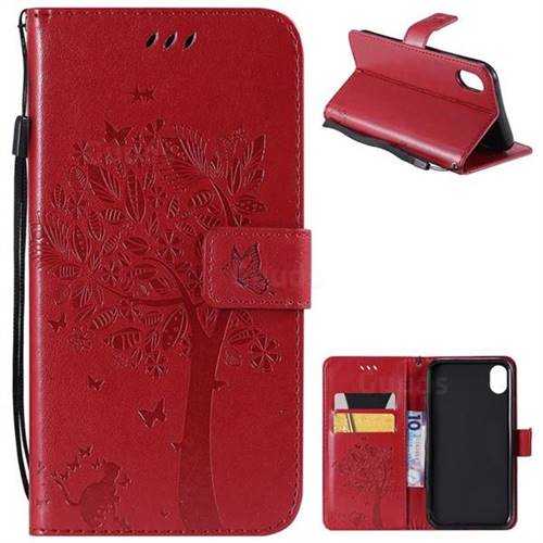 Embossing Butterfly Tree Leather Wallet Case for iPhone Xr (6.1 inch) - Red