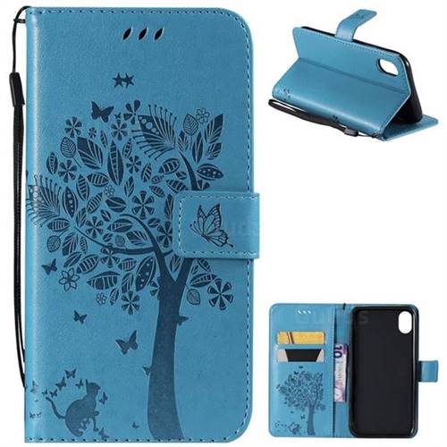 Embossing Butterfly Tree Leather Wallet Case for iPhone Xr (6.1 inch) - Blue