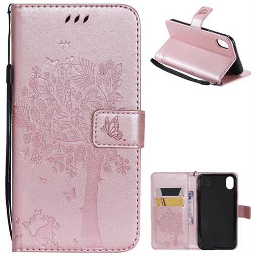 Embossing Butterfly Tree Leather Wallet Case for iPhone Xr (6.1 inch) - Rose Pink