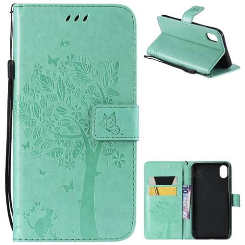 Embossing Butterfly Tree Leather Wallet Case for iPhone Xr (6.1 inch) - Cyan