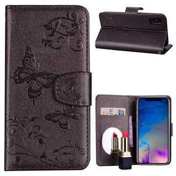 Embossing Butterfly Morning Glory Mirror Leather Wallet Case for iPhone Xr (6.1 inch) - Silver Gray