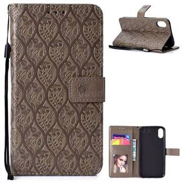 Intricate Embossing Rattan Flower Leather Wallet Case for iPhone Xr (6.1 inch) - Grey