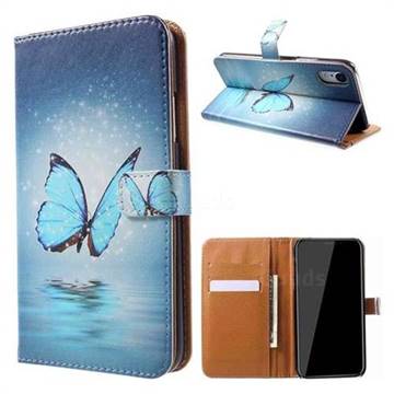 Sea Blue Butterfly Leather Wallet Case for iPhone Xr (6.1 inch)