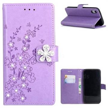 Embossing Plum Blossom Rhinestone Leather Wallet Case for iPhone Xr (6.1 inch) - Purple