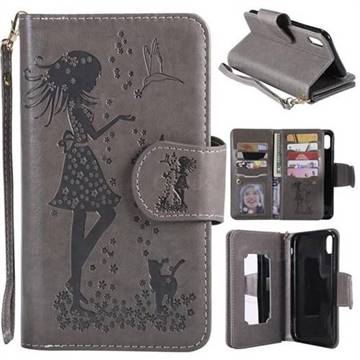 Embossing Cat Girl 9 Card Leather Wallet Case for iPhone Xr (6.1 inch) - Gray