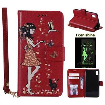 Luminous Flower Girl Cat Leather Wallet Case for iPhone Xr (6.1 inch) - Red