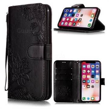 Intricate Embossing Lotus Mandala Flower Leather Wallet Case for iPhone Xr (6.1 inch) - Black