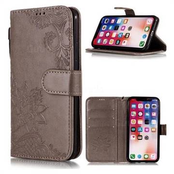 Intricate Embossing Lotus Mandala Flower Leather Wallet Case for iPhone Xr (6.1 inch) - Gray