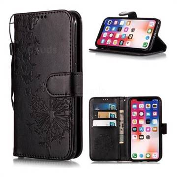 Intricate Embossing Dandelion Butterfly Leather Wallet Case for iPhone Xr (6.1 inch) - Black