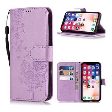 Intricate Embossing Dandelion Butterfly Leather Wallet Case for iPhone Xr (6.1 inch) - Purple