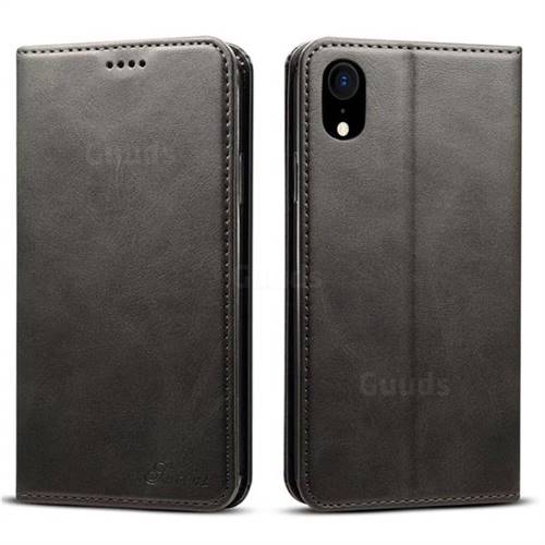 Suteni Simple Style Calf Stripe Leather Wallet Phone Case for iPhone Xr (6.1 inch) - Black