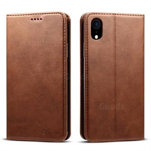 Suteni Simple Style Calf Stripe Leather Wallet Phone Case for iPhone Xr (6.1 inch) - Brown