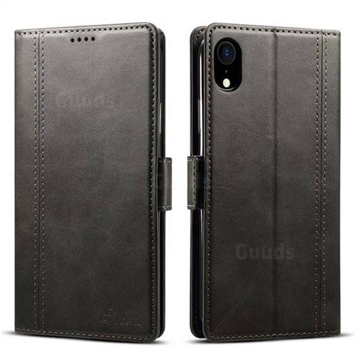 Suteni Calf Stripe Dual Color Leather Wallet Flip Case for iPhone Xr (6.1 inch) - Black