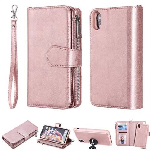 Retro Luxury Multifunction Zipper Leather Phone Wallet for iPhone Xr (6.1 inch) - Rose Gold