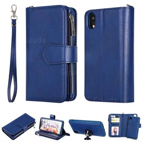 Retro Luxury Multifunction Zipper Leather Phone Wallet for iPhone Xr (6.1 inch) - Blue