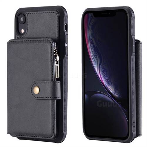 Retro Luxury Multifunction Zipper Leather Phone Back Cover for iPhone Xr (6.1 inch) - Black