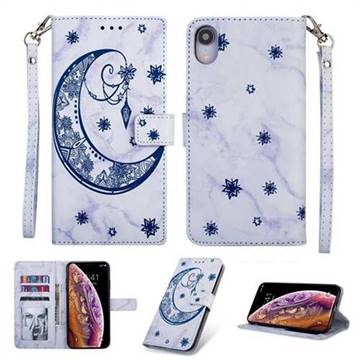 Moon Flower Marble Leather Wallet Phone Case for iPhone Xr (6.1 inch) - Blue