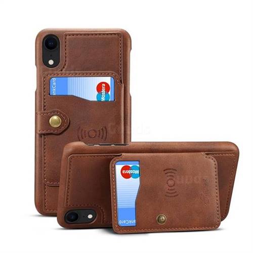 Suteni Retro Classic Zipper Buttons Card Slots Phone Cover for iPhone Xr (6.1 inch) - Brown