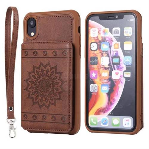Luxury Embossing Sunflower Multifunction Leather Back Cover for iPhone Xr (6.1 inch) - Coffee