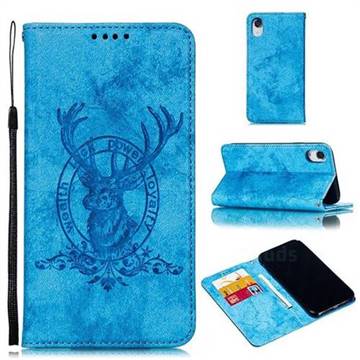 Retro Intricate Embossing Elk Seal Leather Wallet Case for iPhone Xr (6.1 inch) - Blue