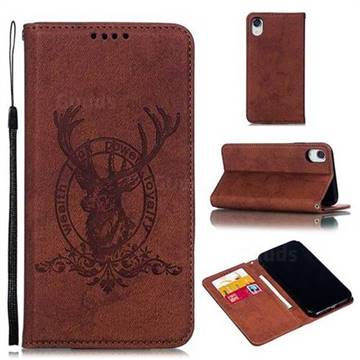 Retro Intricate Embossing Elk Seal Leather Wallet Case for iPhone Xr (6.1 inch) - Brown
