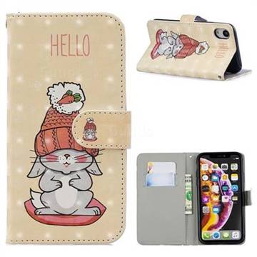 Hello Rabbit 3D Painted Leather Phone Wallet Case for iPhone Xr (6.1 inch)