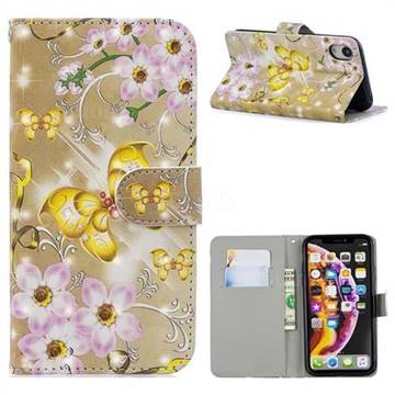 Golden Butterfly 3D Painted Leather Phone Wallet Case for iPhone Xr (6.1 inch)