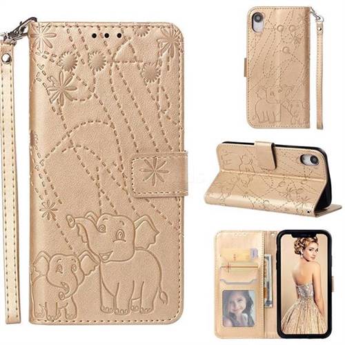 Embossing Fireworks Elephant Leather Wallet Case for iPhone Xr (6.1 inch) - Golden