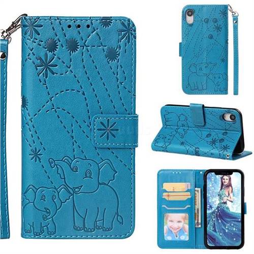 Embossing Fireworks Elephant Leather Wallet Case for iPhone Xr (6.1 inch) - Blue