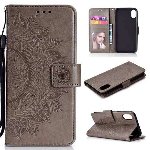 Intricate Embossing Datura Leather Wallet Case for iPhone Xr (6.1 inch) - Gray