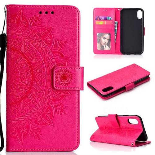 Intricate Embossing Datura Leather Wallet Case for iPhone Xr (6.1 inch) - Rose Red