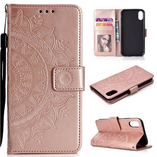 Intricate Embossing Datura Leather Wallet Case for iPhone Xr (6.1 inch) - Rose Gold