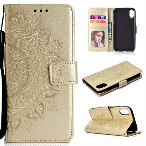 Intricate Embossing Datura Leather Wallet Case for iPhone Xr (6.1 inch) - Golden