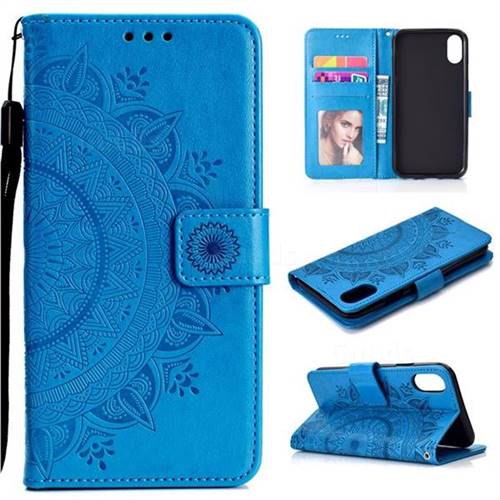 Intricate Embossing Datura Leather Wallet Case for iPhone Xr (6.1 inch) - Blue