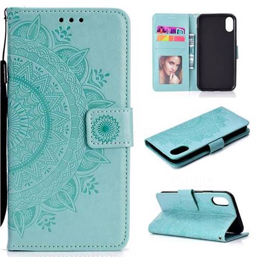 Intricate Embossing Datura Leather Wallet Case for iPhone Xr (6.1 inch) - Mint Green