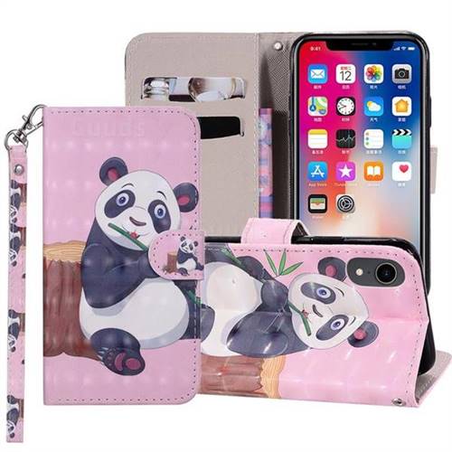 Happy Panda 3D Painted Leather Phone Wallet Case Cover for iPhone Xr (6.1 inch)