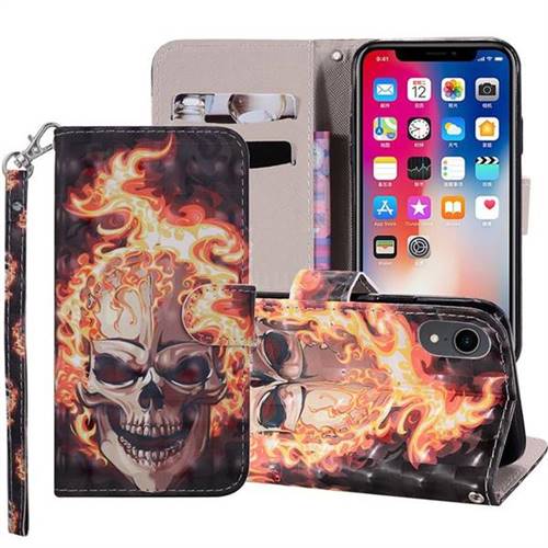 Flame Skull 3D Painted Leather Phone Wallet Case Cover for iPhone Xr (6.1 inch)