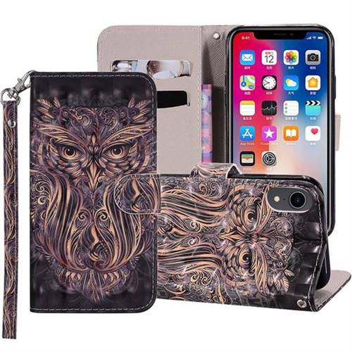 Tribal Owl 3D Painted Leather Phone Wallet Case Cover for iPhone Xr (6.1 inch)