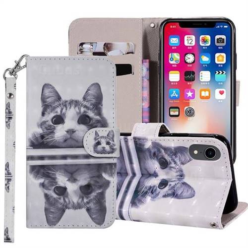 Mirror Cat 3D Painted Leather Phone Wallet Case Cover for iPhone Xr (6.1 inch)