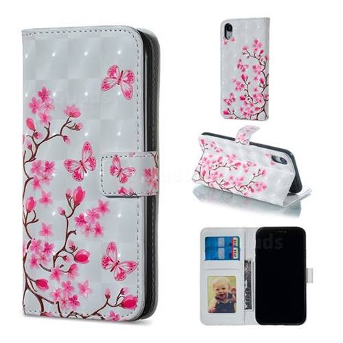 Butterfly Sakura Flower 3D Painted Leather Phone Wallet Case for iPhone Xr (6.1 inch)