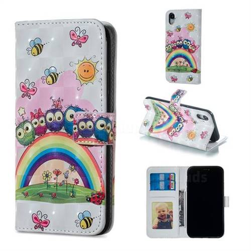 Rainbow Owl Family 3D Painted Leather Phone Wallet Case for iPhone Xr (6.1 inch)