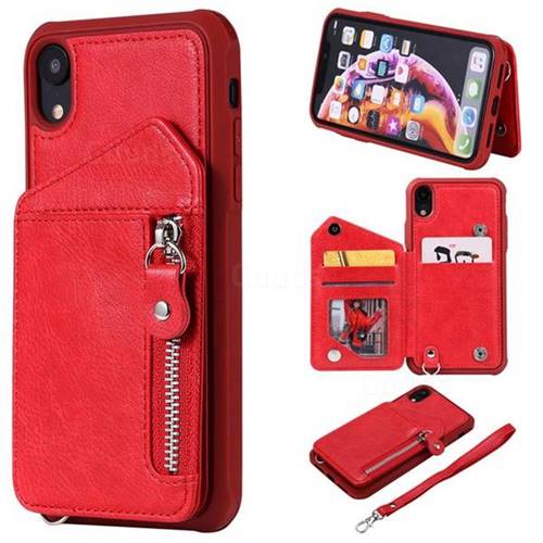 Classic Luxury Buckle Zipper Anti-fall Leather Phone Back Cover for iPhone Xr (6.1 inch) - Red