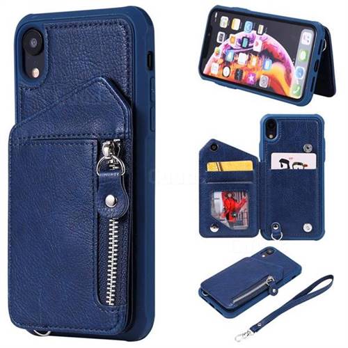 Classic Luxury Buckle Zipper Anti-fall Leather Phone Back Cover for iPhone Xr (6.1 inch) - Blue