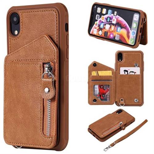 Classic Luxury Buckle Zipper Anti-fall Leather Phone Back Cover for iPhone Xr (6.1 inch) - Brown