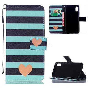Blue Stripe Heart Leather Wallet Phone Case for iPhone Xr (6.1 inch)