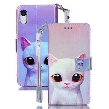 White Cat Blue Ray Light PU Leather Wallet Case for iPhone Xr (6.1 inch)