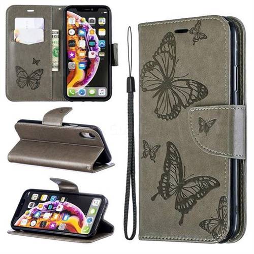 Embossing Double Butterfly Leather Wallet Case for iPhone Xr (6.1 inch) - Gray