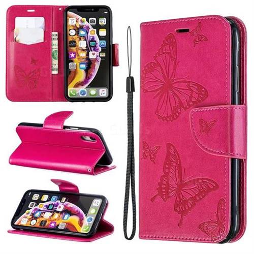 Embossing Double Butterfly Leather Wallet Case for iPhone Xr (6.1 inch) - Red