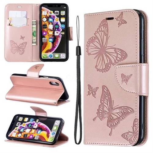 Embossing Double Butterfly Leather Wallet Case for iPhone Xr (6.1 inch) - Rose Gold